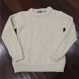 Aran Crafts Cream Cable Knit Crewneck Sweater Made in Ireland 100% Wool